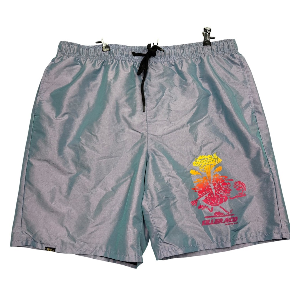 Killer Acid Swim Trunks Mens XXL Purple Iridescent Graphic Mesh Lined Shorts